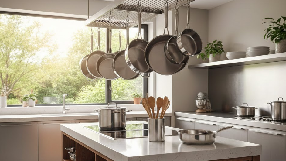 스테인레스 제품이 걸려있는 주방