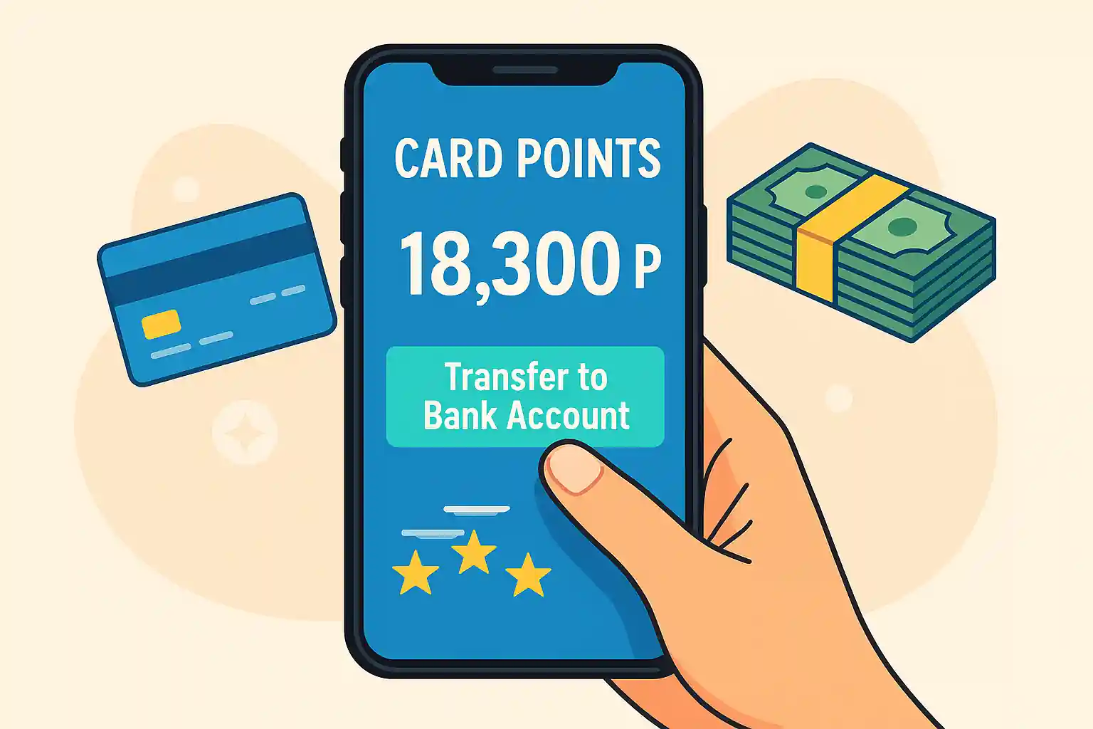 카드 포인트 18,300P를 은행 계좌로 이체하는 스마트폰 화면과 손, 배경에는 신용카드와 현금 아이콘