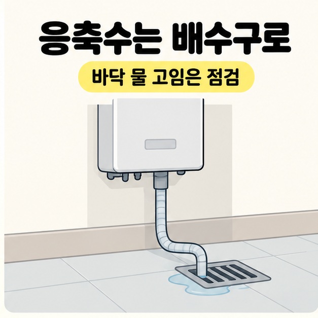 응축수는 배수구로와 바닥 물 고임은 점검 문구 아래 보일러 하단 호스가 바닥 배수구로 이어지고 주변에 물이 고인 삽화