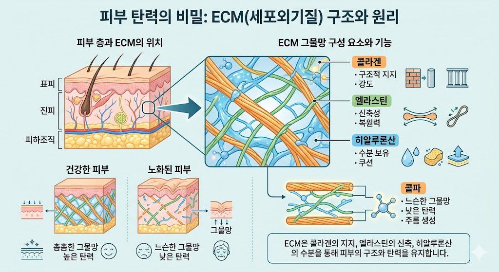 ECM 세포외기질 구조 시각화 콜라겐 엘라스틴 히알루론산 그물망의 피부 탄력 유지 원리 및 안티에이징 효능