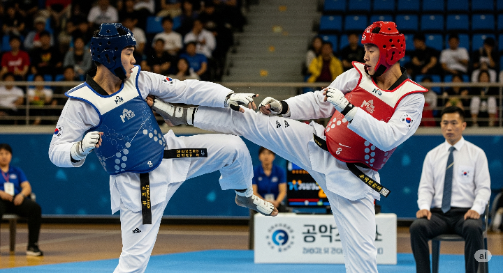 남자 태권도 선수들이 겨루기하는 역동적인 모습