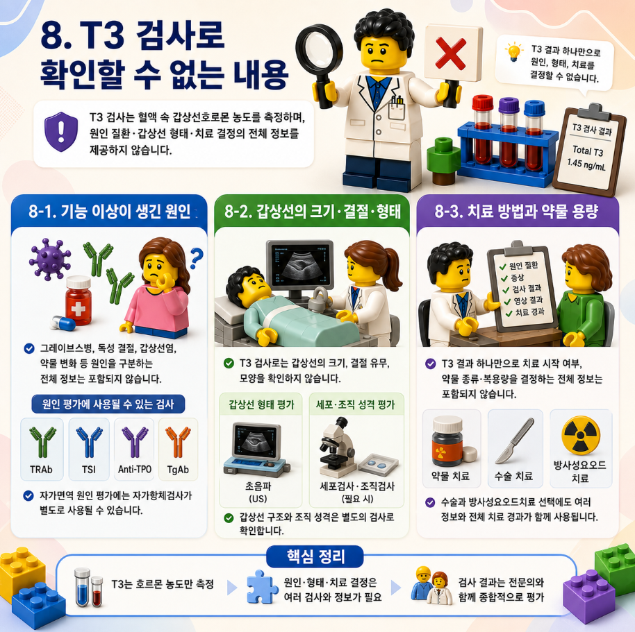 T3 검사로 확인할 수 없는 원인 질환, 갑상선 형태, 치료 결정 정보를 설명하는 레고 스타일 메디컬 인포그래픽
