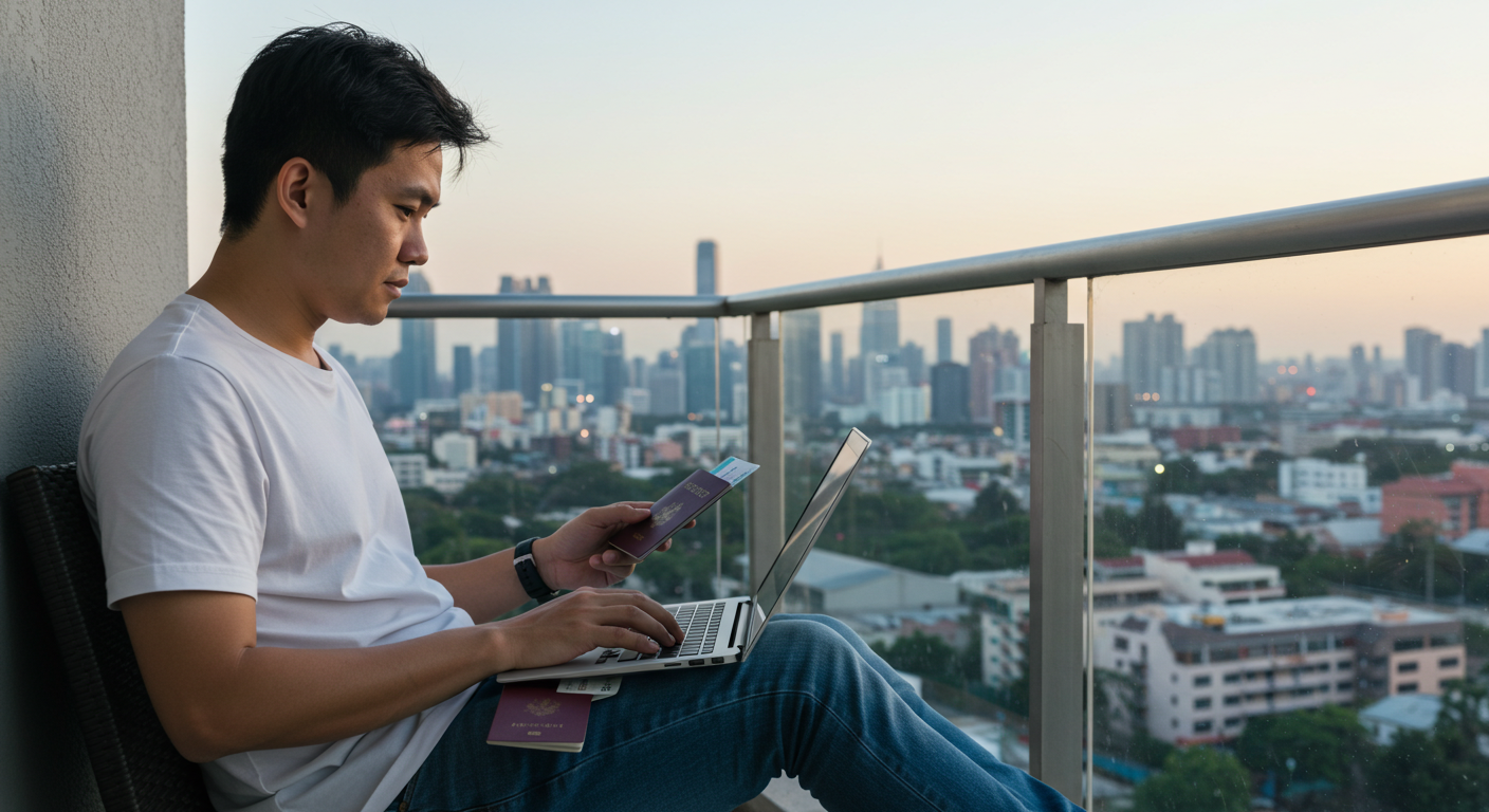 해외 체류 중 정부 조사 응답 중인 사람을 묘사한 이미지