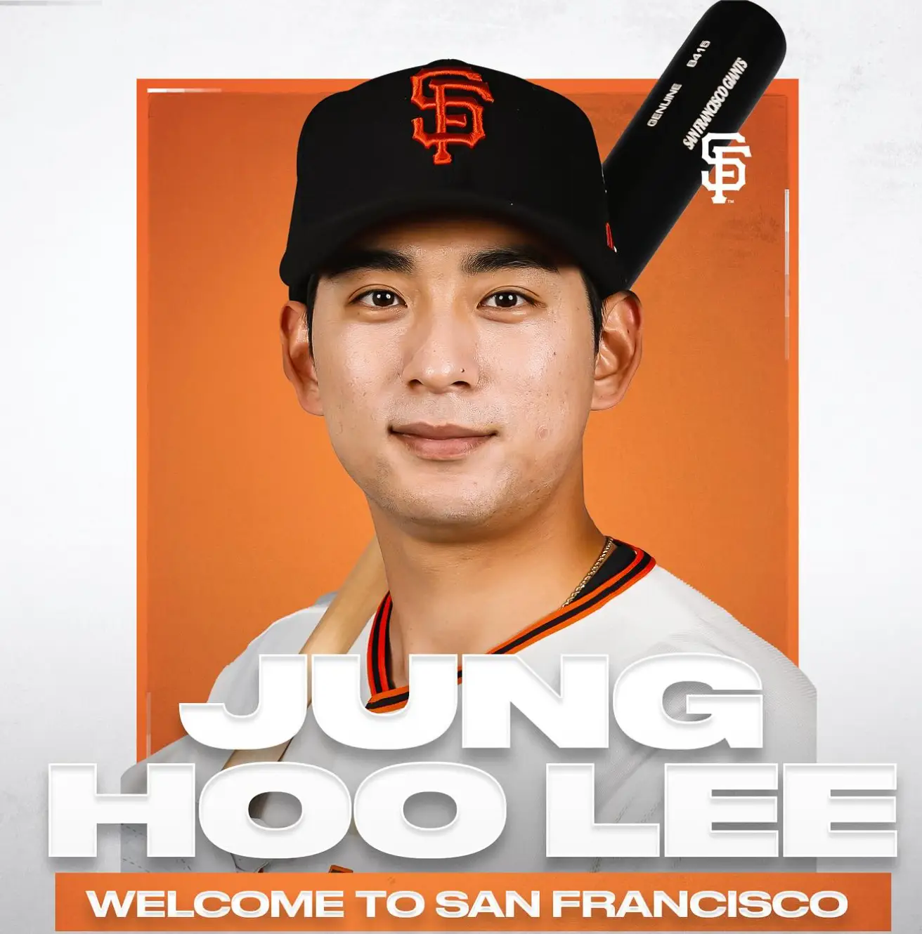 이정후-흰배경 가운데 주황색 배경 가운데 흰 유니폼을 입고 정면을 바라보는 이정희 아래 흰글씨 jung hoo lee