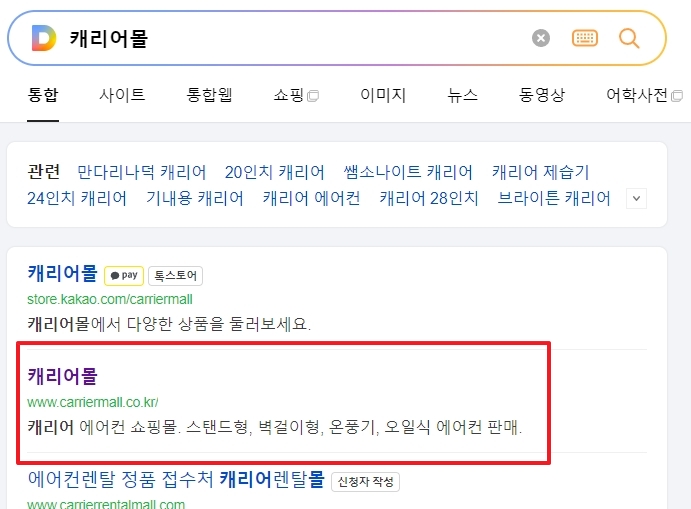 캐리어 공식 쇼핑몰 홈페이지에 들어간 모습