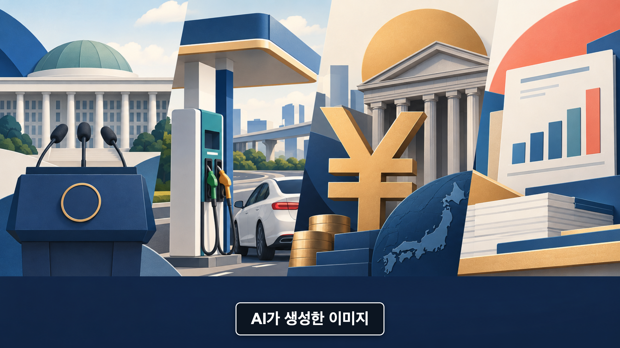 대통령 기자회견, 추석 고속도로 주유, 일본은행 금리, 공공재정을 상징하는 점심 뉴스 개념 일러스트