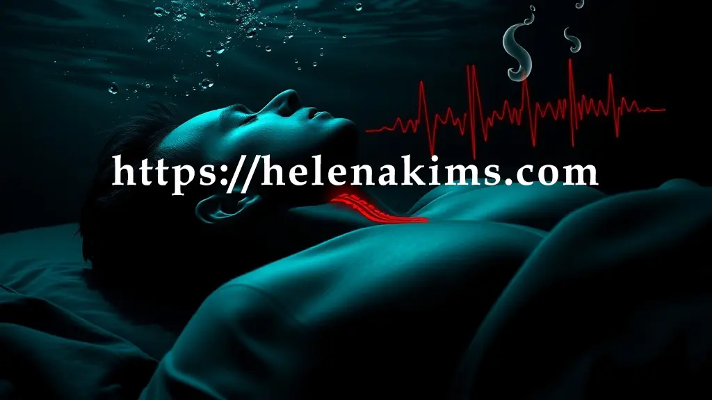 어둡고 깊은 수면을 나타내는 배경 위에 잠든 남성 실루엣. 그의 목과 가슴 부분에는 좁아지거나 막힌 듯한 기도를 상징하는 날카로운 선과 붉은색 파형이 긴장감 있게 표현되고, 잠시 멈춘 호흡 후 가쁜 숨을 몰아쉬는 듯한 공기의 흐름을 시각화한 이미지.