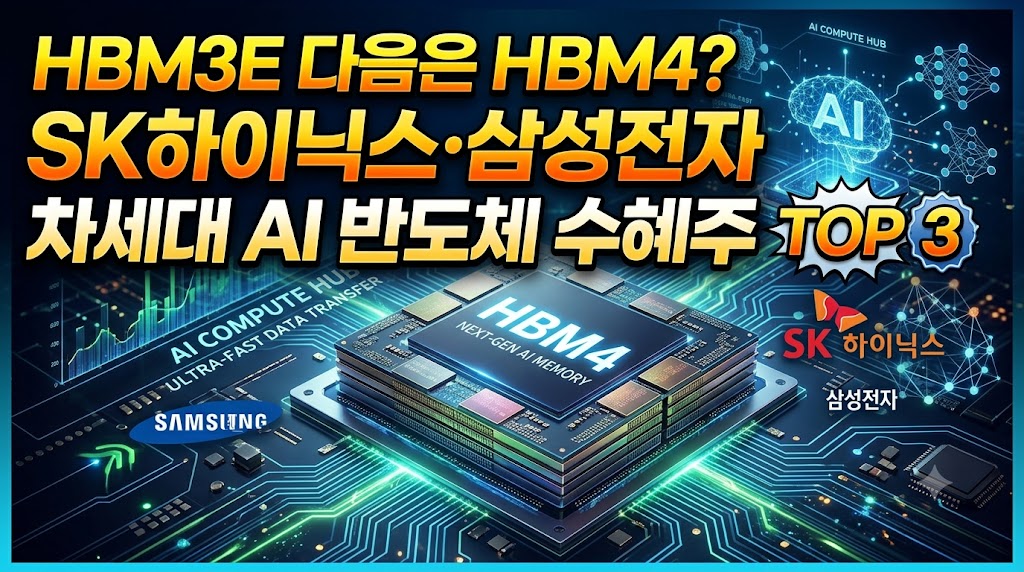 차세대 HBM4 반도체 칩 그래픽 배경에 "HBM3E 다음은 HBM4? SK하이닉스·삼성전자 차세대 AI 반도체 수혜주 TOP 3" 문구가 들어간 썸네일.