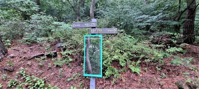 호압사 산책길 이정표에 부착된 전신 거울, 녹색 테두리,