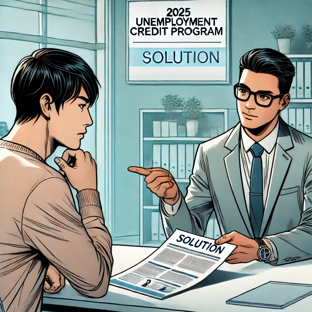 현대식 사무실에서 상담을 받는 남성, 상담사가 '2025 Unemployment Credit' 프로그램을 설명하는 모습.