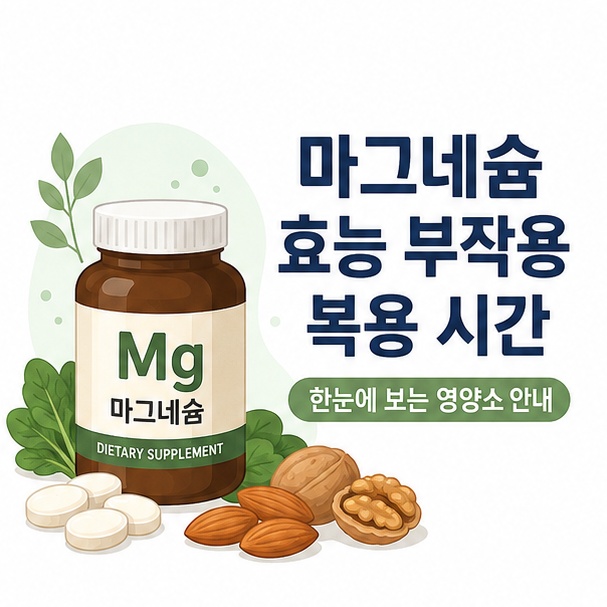 마그네슘 영양제와 견과류, 녹색 잎채소를 함께 배치해 마그네슘의 식품과 보충제 섭취를 표현한 이미지