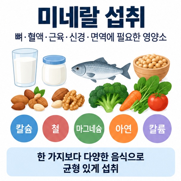미네랄 섭취라는 제목과 칼슘 철 마그네슘 아연 칼륨을 상징하는 음식과 인체 기능 아이콘을 함께 표현한 대표 이미지