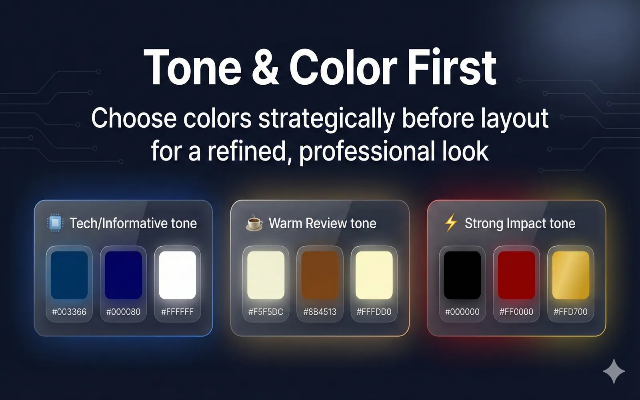 초보자가 참고할 수 있는 셋업별 썸네일 색감·톤 공식 가이드. 정보형, 따뜻한 후기형, 강한 임팩트형 톤에 따른 컬러 팔레트 예시 인포그래픽.