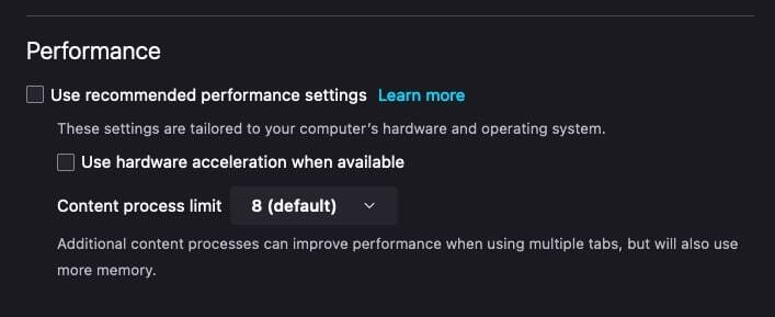 파이어폭스 성능 설정 메뉴