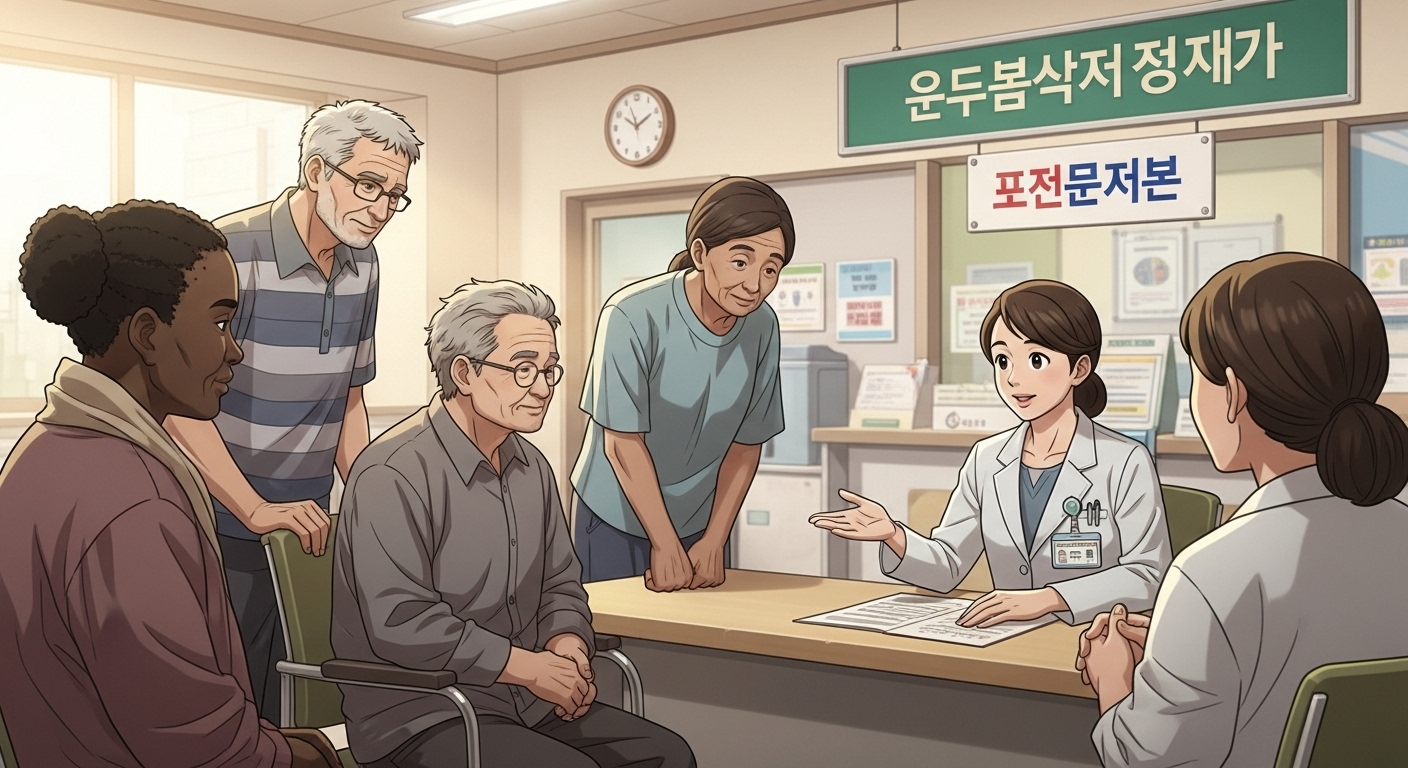 다양한 배경의 취약계층 사람들이 보건소에서 의료진에게 결핵 검진의 중요성에 대해 설명을 듣는 모습