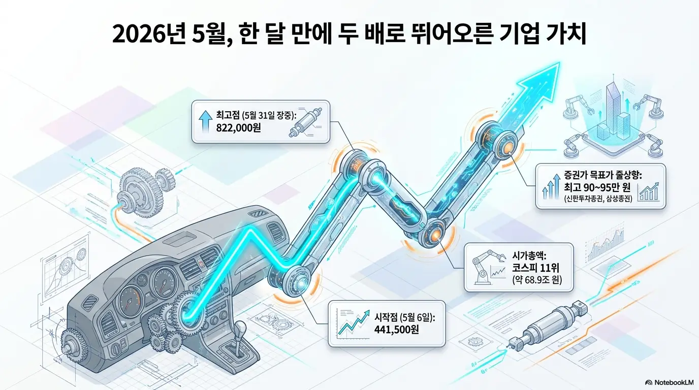 현대모비스 주가 전망: &amp;#39;2026년 5월 한 달 만에 두 배로 뛰어오른 기업 가치&amp;#39;라는 문구가 포함된 인포그래픽 이미지. 이 이미지는 현대모비스 주가가 5월 6일 44만1500원에서 5월 31일 장중 82만2000원까지 급등하고 증권가 목표주가가 90~95만원으로 줄상향된 흐름을 시각적으로 전달하며&amp;#44; 블로그의 현대모비스 주가 전망과 관련된 내용을 설명함 
