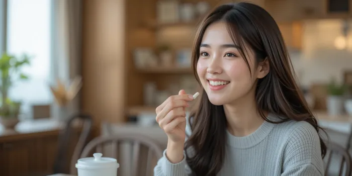 점심 식후 칼슘을 복용하는 여성