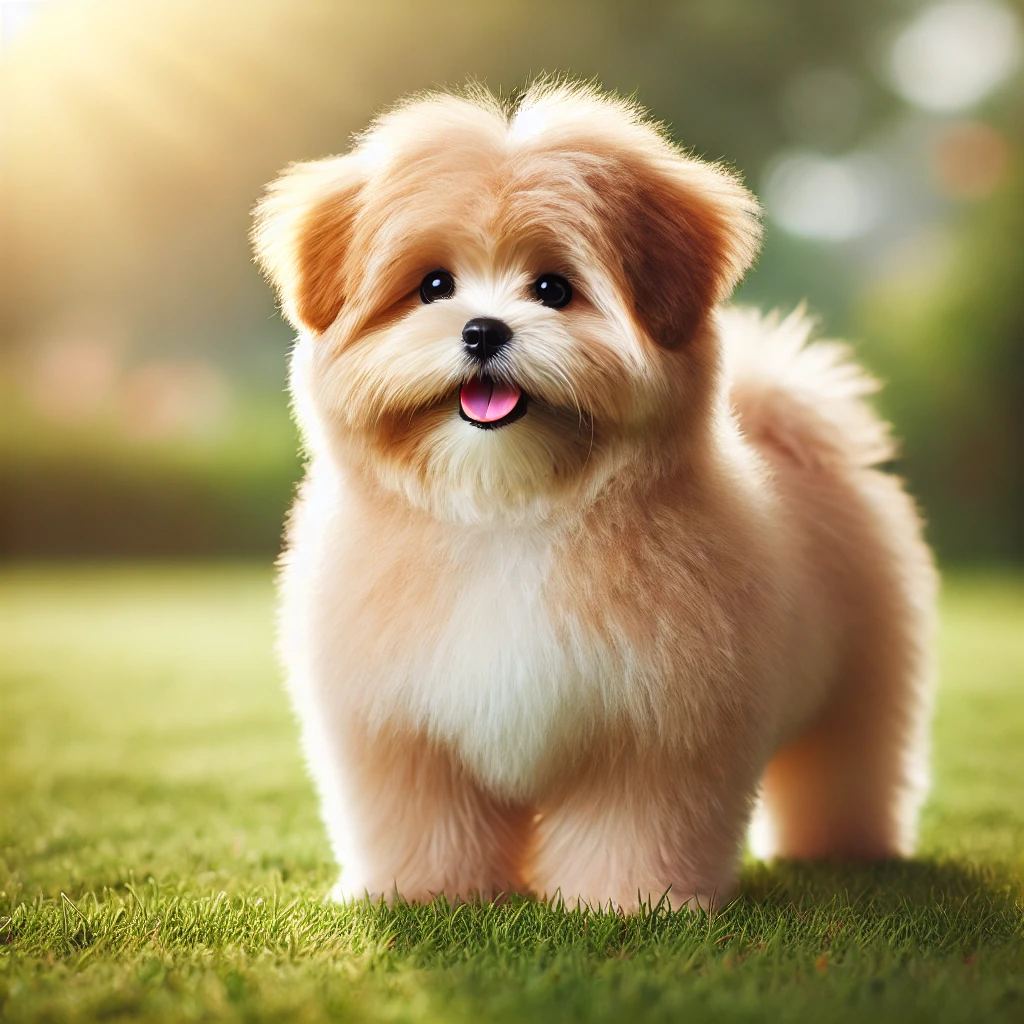 푹신한 털을 가진 소형견이 초원에서 행복하게 서 있는 모습