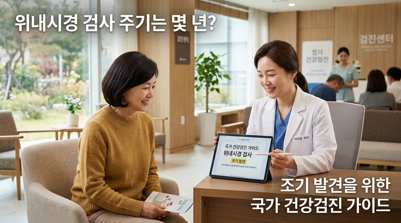 햇살이 은은하게 비치는 아늑하고 신뢰감 주는 건강검진 센터에서 의료진과 환자가 밝은 표정으로 정기 검진 일정과 위내시경 스케줄을 확인하고 있는 모습. '위내시경 검사 주기는 몇 년?', '조기 발견을 위한 국가 건강검진 가이드'라는 문구가 적혀 있어, 2년 주기 위내시경 검진의 중요성을 시각화함.