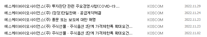 SK바이오사이언스 공시 목록