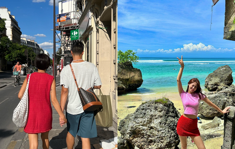 민소매원피스와 반팔반바지를 입은 남녀모습과 짧은기장의 반팔과 스커트를 입은 여자