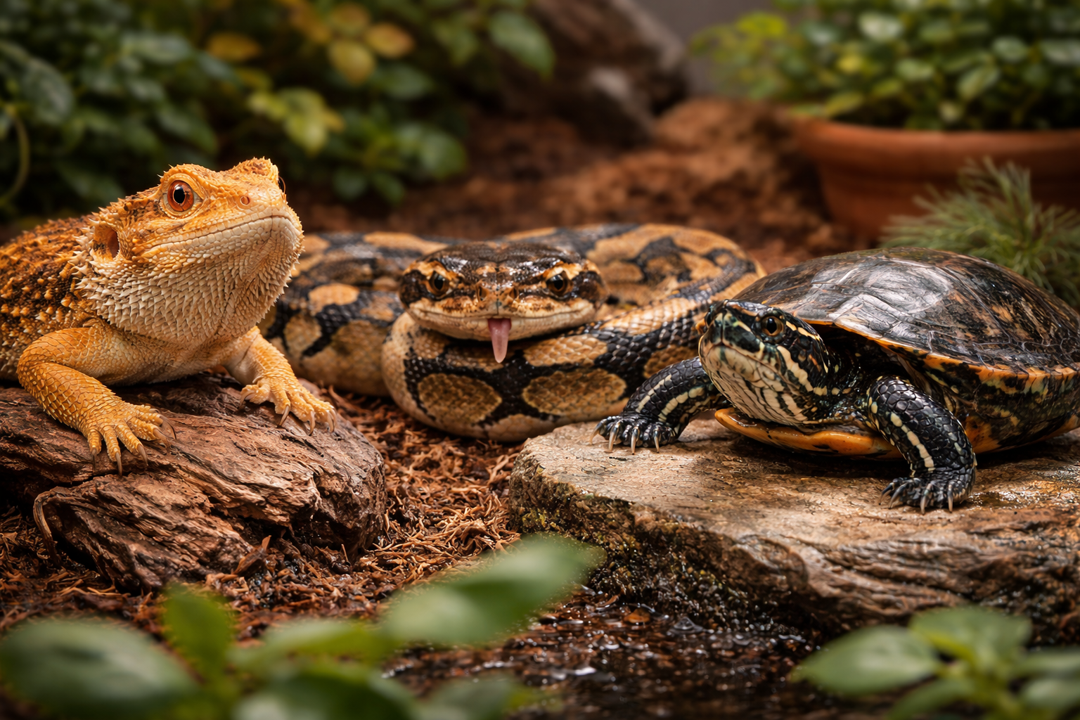 파충류중 도마뱀, 뱀, 거북이의 이미지