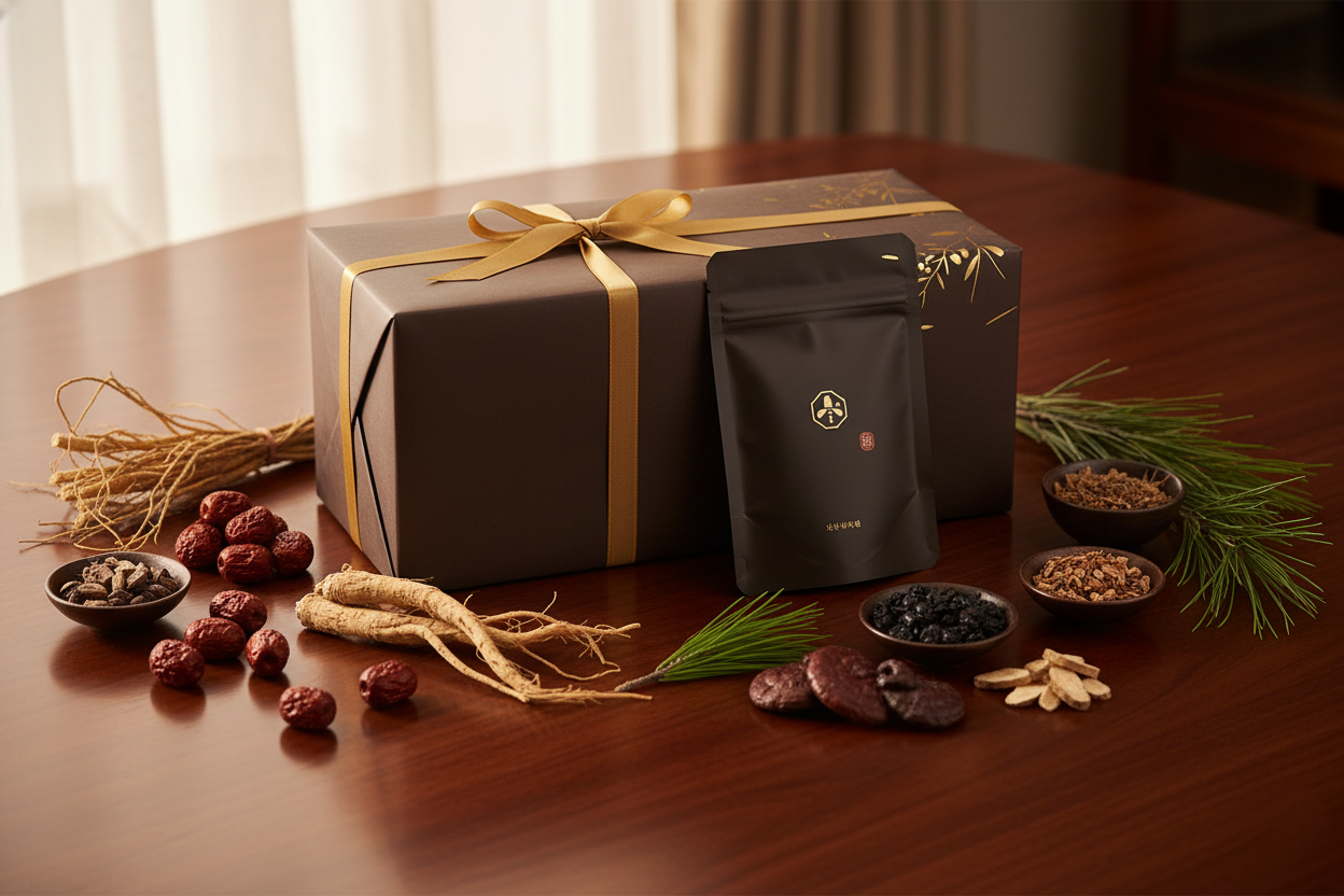 흑염소 365 진액 파우치 옆에 흑염소 실루엣과 대추&middot;황기&middot;당귀&middot;구기자 등의 한방 재료를 담은 나무 쟁반이 놓인 이미지, 실제 브랜드 로고는 제외하고 원료만 강조