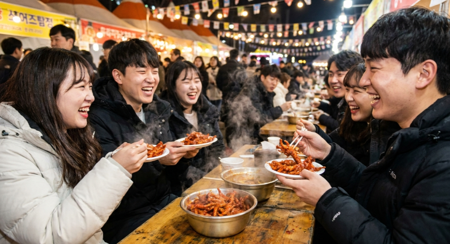 화끈한 고추 요리를 즐기며 환하게 웃고 있는 방문객들