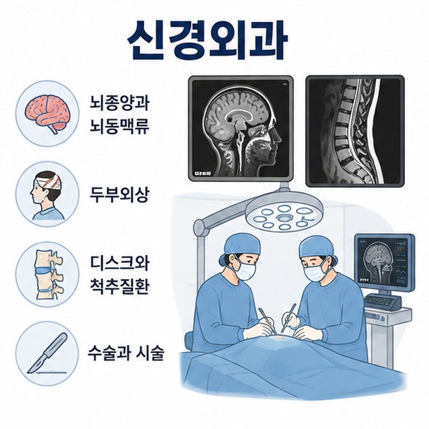 신경외과에서 뇌종양과 뇌동맥류, 두부외상, 디스크와 척추질환 등 수술이나 시술이 필요한 질환을 진료하는 모습을 표현한 이미지