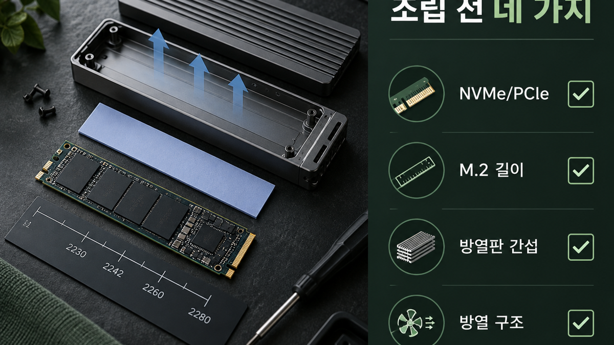 NVMe SSD 외장 케이스 조립 전 인터페이스와 M.2 길이, 방열판 간섭, 방열 구조를 확인하는 순서