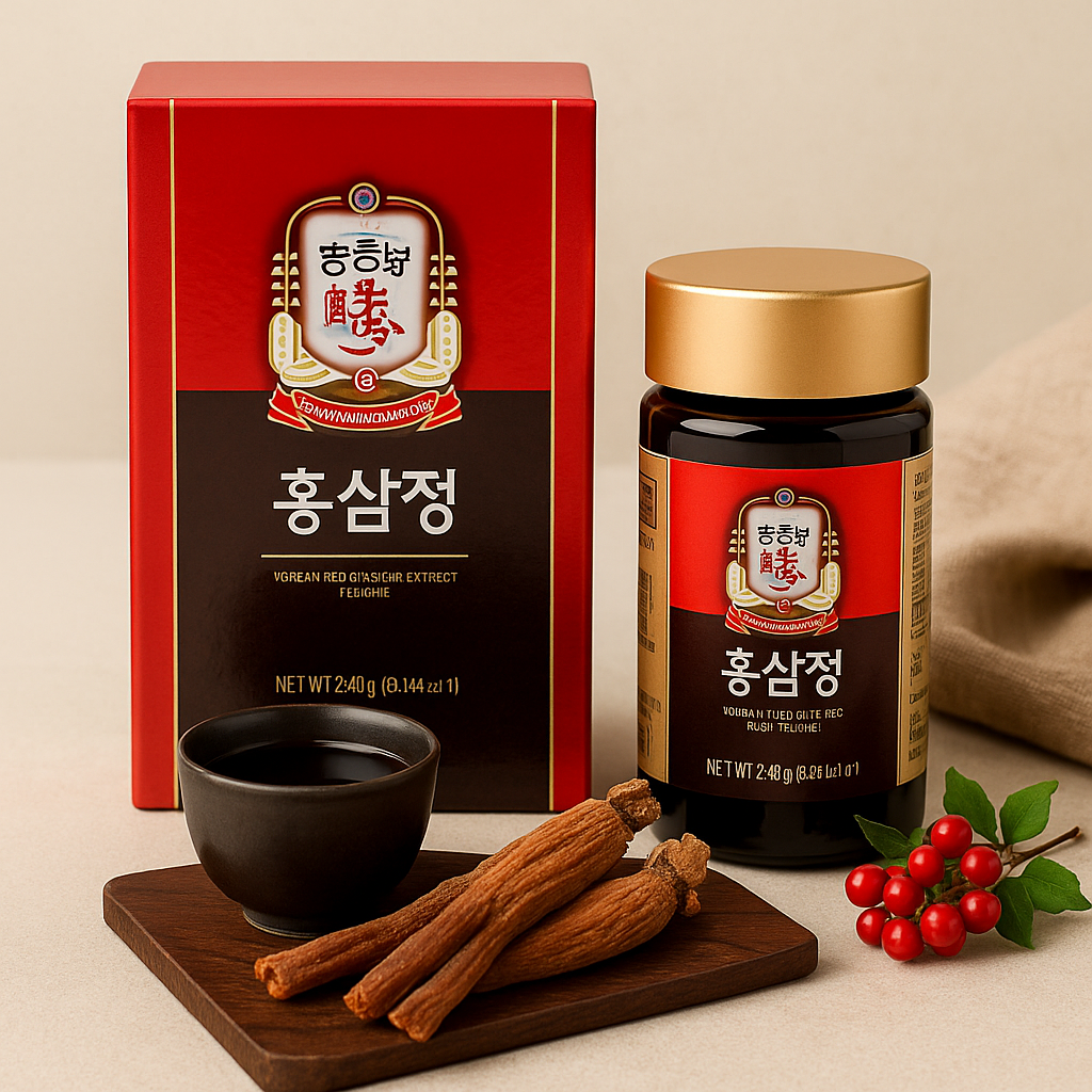 정관장 홍삼정 제품 패키지와 함께 구성된 건강 선물세트