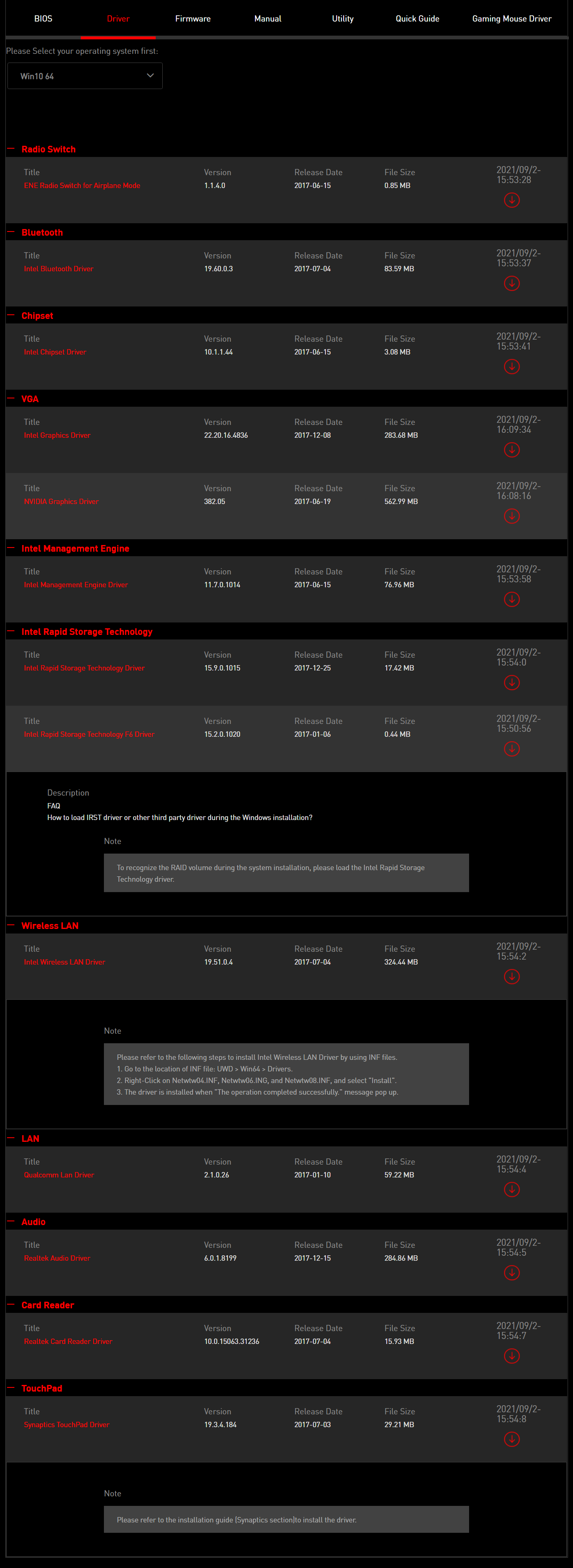 MSI 홈페이지에 올라온 드라이버 목록 MSI는 일 좀 해라! 게시판에 정적으로 고정하지말고 부속별로 현재 시점에 맞는 드라이버를 제공해야...