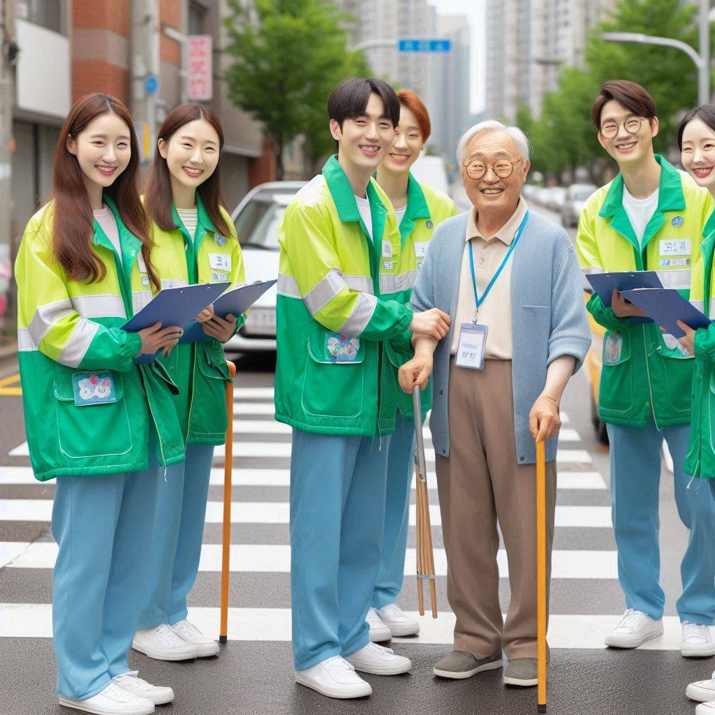 웃고있는 사회복지사들과 할아버지