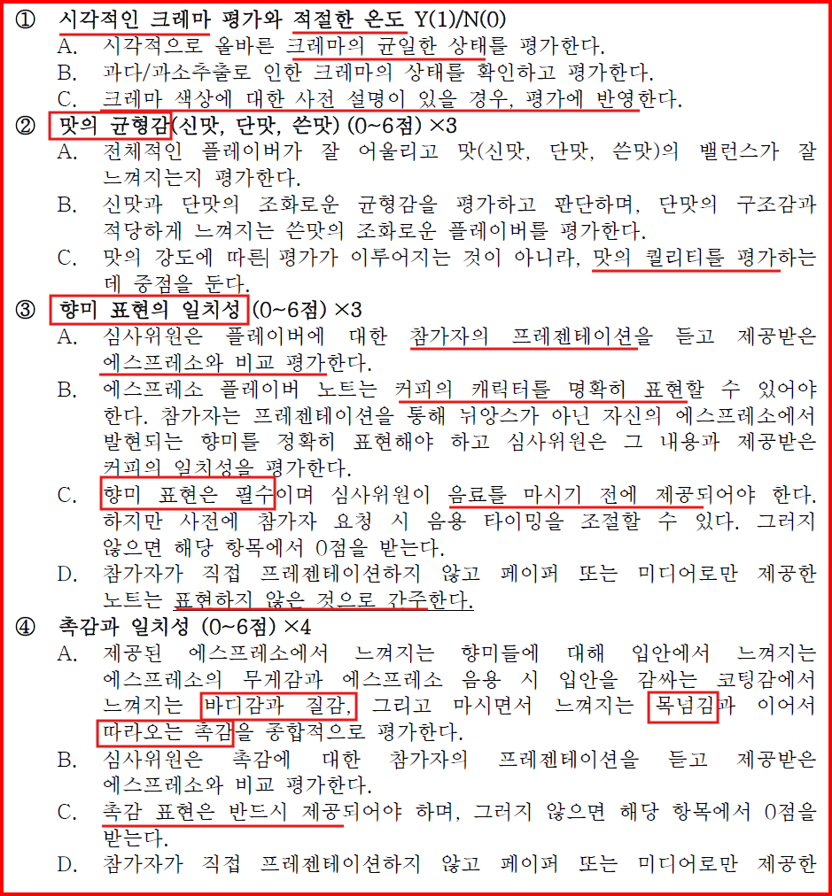 시각적인 크레마 평가와 적절한 온도 Y(1)/N(0)
A.
시각적으로 올바른 크레마의 균일한 상태를 평가한다.
B.
과다/과소추출로 인한 크레마의 상태를 확인하고 평가한다.
C.
크레마 색상에 대한 사전 설명이 있을 경우, 평가에 반영한다.
②
맛의 균형감(신맛, 단맛, 쓴맛) (0~6점) ×3
A.
전체적인 플레이버가 잘 어울리고 맛(신맛, 단맛, 쓴맛)의 밸런스가 잘 느껴지는지 평가한다.
B.
신맛과 단맛의 조화로운 균형감을 평가하고 판단하며, 단맛의 구조감과 적당하게 느껴지는 쓴맛의 조화로운 플레이버를 평가한다.
C.
맛의 강도에 따른 평가가 이루어지는 것이 아니라, 맛의 퀄리티를 평가하는 데 중점을 둔다.
③
향미 표현의 일치성 (0~6점) ×3
A.
심사위원은 플레이버에 대한 참가자의 프레젠테이션을 듣고 제공받은 에스프레소와 비교 평가한다.
B.
에스프레소 플레이버 노트는 커피의 캐릭터를 명확히 표현할 수 있어야 한다. 참가자는 프레젠테이션을 통해 뉘앙스가 아닌 자신의 에스프레소에서 발현되는 향미를 정확히 표현해야 하고 심사위원은 그 내용과 제공받은 커피의 일치성을 평가한다.
C.
향미 표현은 필수이며 심사위원이 음료를 마시기 전에 제공되어야 한다. 하지만 사전에 참가자 요청 시 음용 타이밍을 조절할 수 있다. 그러지 않으면 해당 항목에서 0점을 받는다.
D.
참가자가 직접 프레젠테이션하지 않고 페이퍼 또는 미디어로만 제공한 노트는 표현하지 않은 것으로 간주한다.
④
촉감과 일치성 (0~6점) ×4
A.
제공된 에스프레소에서 느껴지는 향미들에 대해 입안에서 느껴지는 에스프레소의 무게감과 에스프레소 음용 시 입안을 감싸는 코팅감에서 느껴지는 바디감과 질감, 그리고 마시면서 느껴지는 목넘김과 이어서 따라오는 촉감을 종합적으로 평가한다.
B.
심사위원은 촉감에 대한 참가자의 프레젠테이션을 듣고 제공받은 에스프레소와 비교 평가한다.
C.
촉감 표현은 반드시 제공되어야 하며, 그러지 않으면 해당 항목에서 0점을 받는다.
D.
참가자가 직접 프레젠테이션하지 않고 페이퍼 또는 미디어로만 제공한