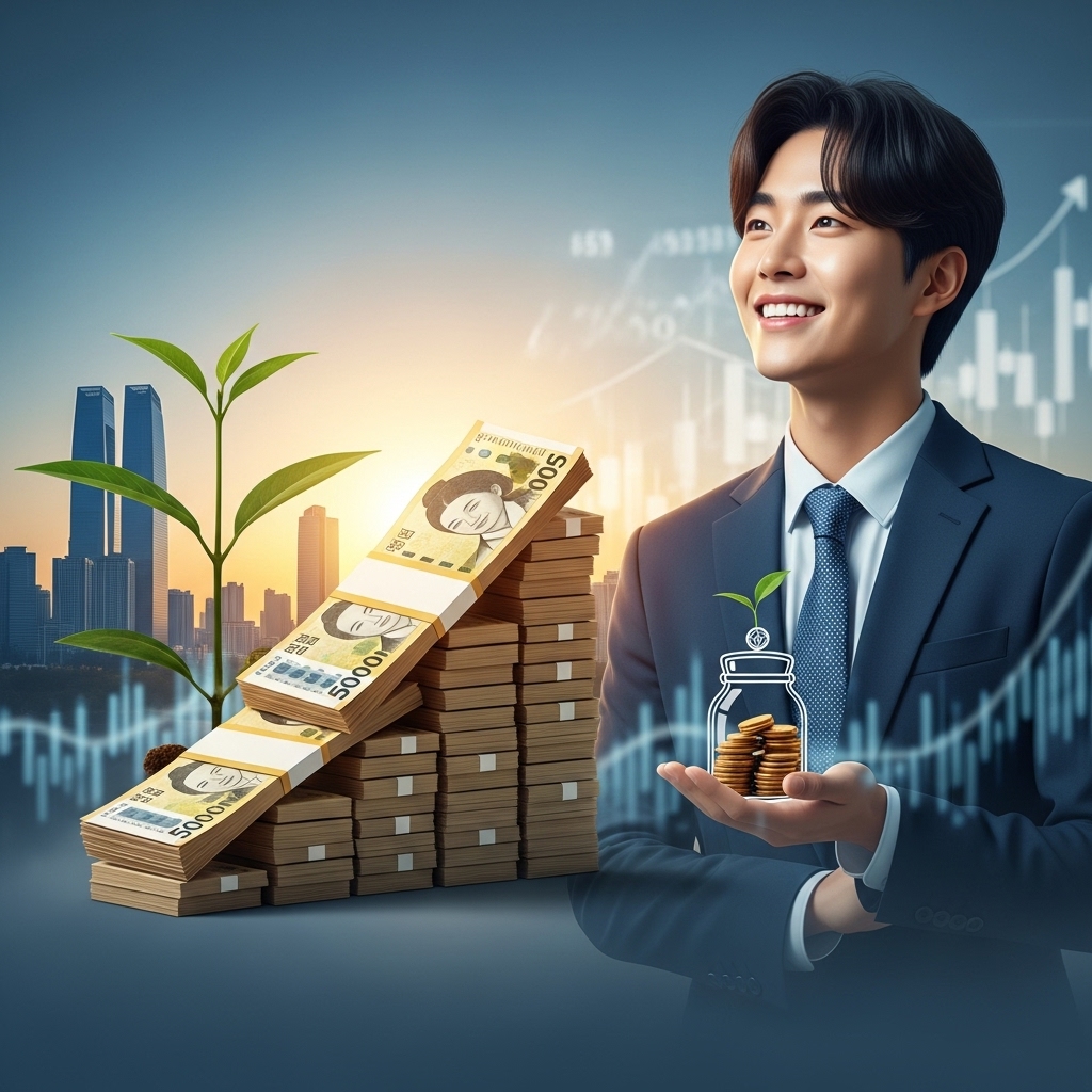 자신감 넘치는 사회 초년생이 5천만원 종잣돈을 바라보며 금융 독립을 꿈꾸는 모습. 미래 지향적인 도시 배경과 성장하는 금융 자산을 시각적으로 표현하여 희망적인 재테크 여정을 상징합니다.