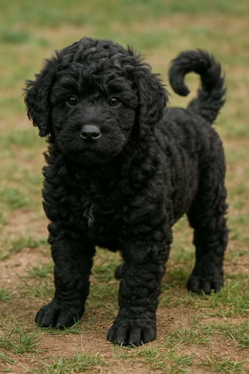 검은색 털을 가진 포르투갈 워터 도그 강아지가 잔디밭 위해 서있다.