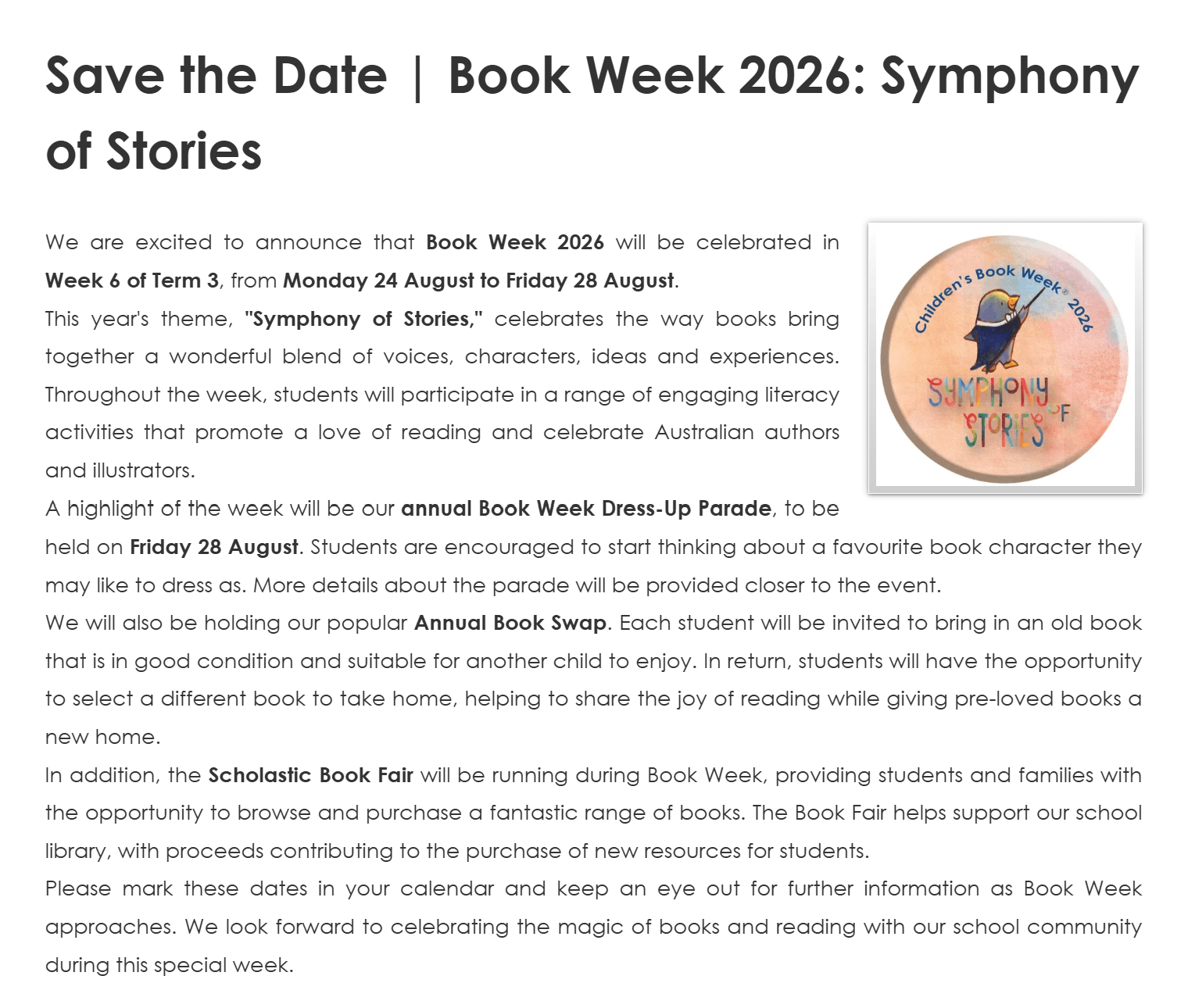 올해 Book Week 일정에 대해 알려주는 학교 뉴스레터