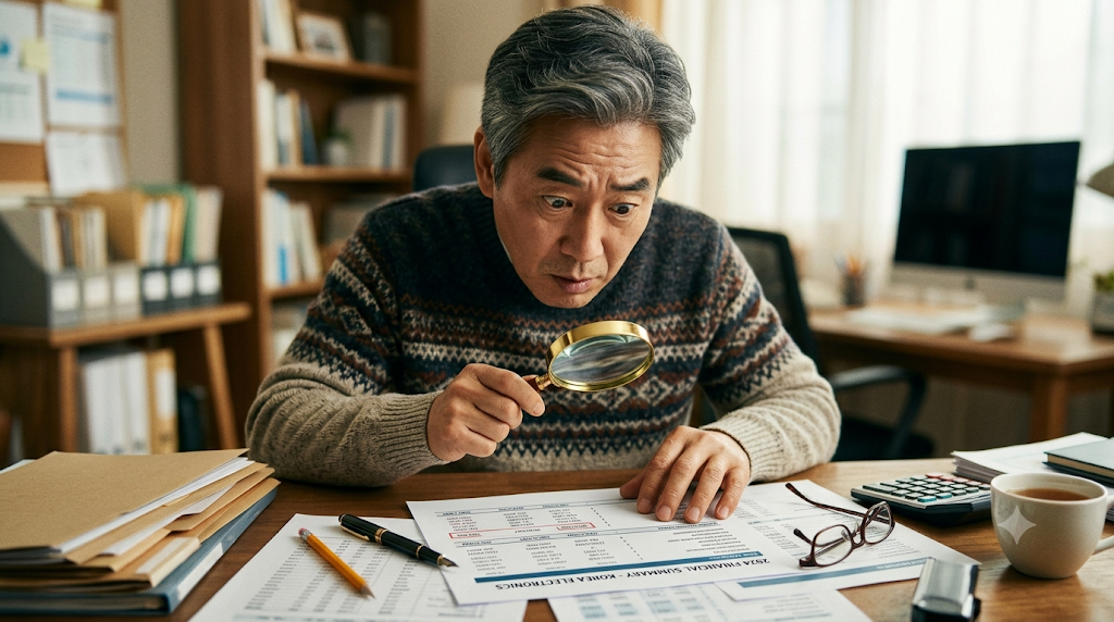 퇴직연금 수익률이 적힌 명세서를 돋보기로 들여다보는 50대 남성과 놀란 표정