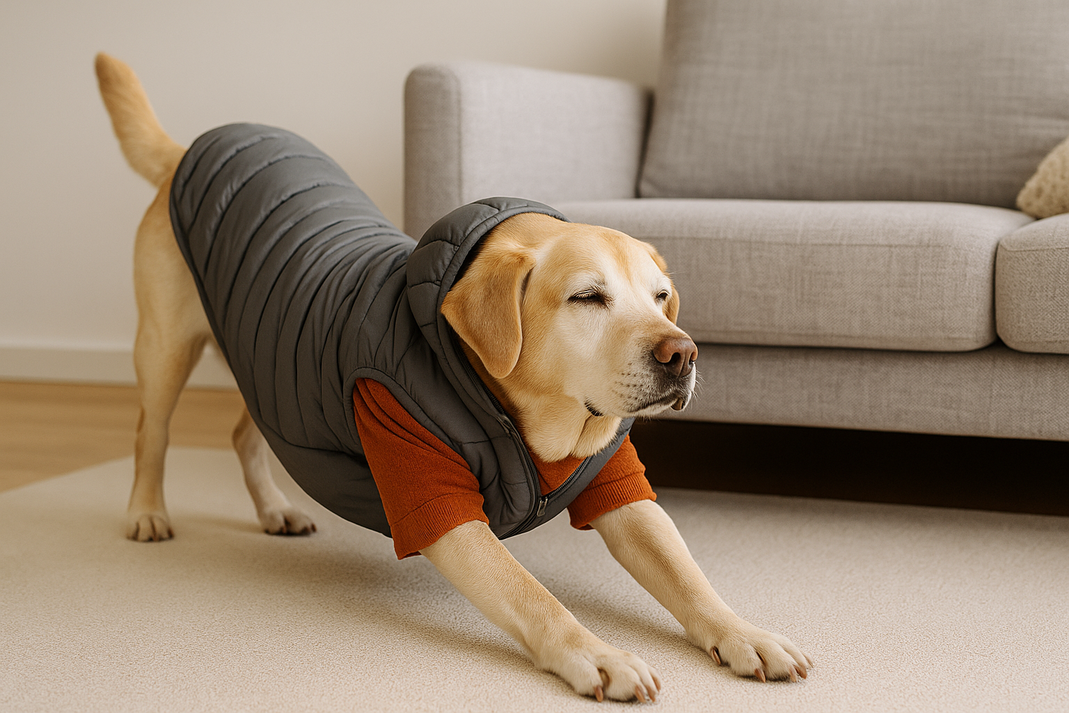 겨울 패딩을 입고 실내에서 스트레칭하는 노령견 이미지