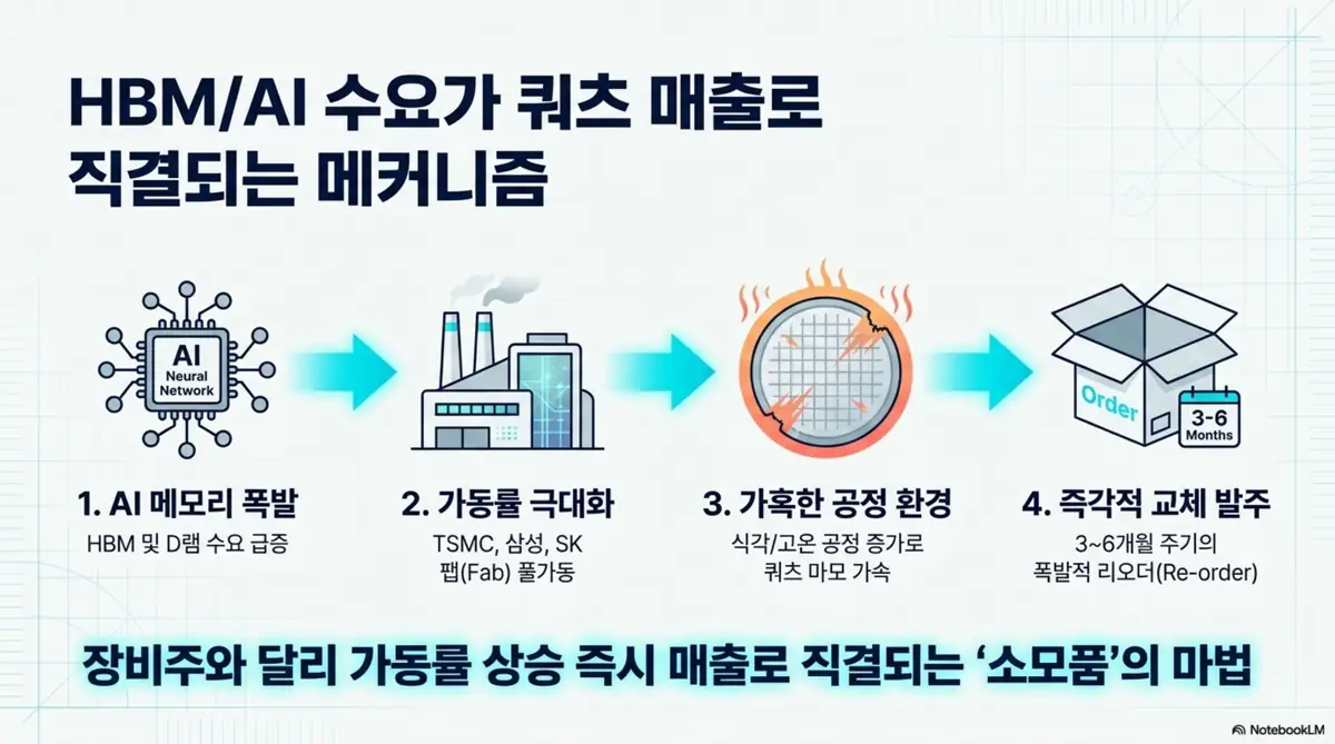 원익QnC 주가 전망: HBM과 AI 메모리 수요가 원익QnC 쿼츠 매출로 직결되는 4단계 메커니즘 인포그래픽. AI 메모리 폭발, 팹 가동률 극대화, 가혹한 공정 환경, 3~6개월 주기의 즉각적 교체 발주 흐름을 시각적으로 전달하며, 블로그의 원익QnC 슈퍼사이클 수혜와 관련된 내용을 설명함