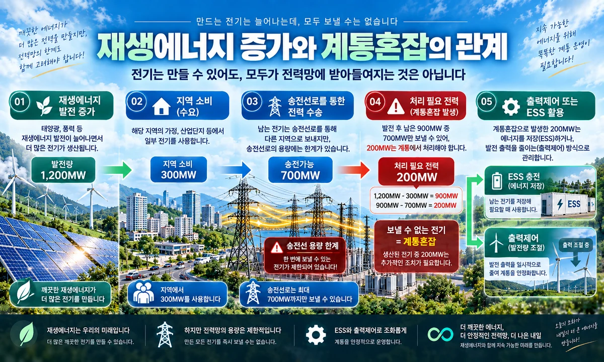 재생에너지 발전 증가로 송전선로 용량이 부족해지고 ESS 충전이나 출력제어가 필요한 계통혼잡 과정