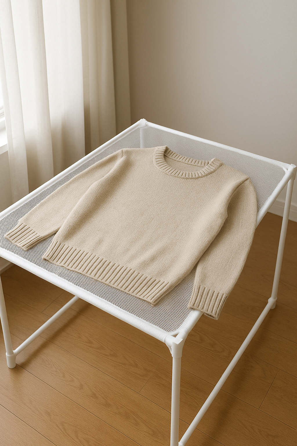 수평 건조대 위에 니트를 평평하게 펼쳐 어깨선과 밑단을 정렬하는 모습