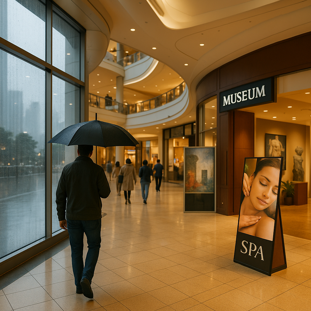 우산을 든 방문객이 빗물 맺힌 유리벽을 지나 스파와 박물관 표지판이 보이는 따뜻한 쇼핑몰 내부로 들어가는 장면