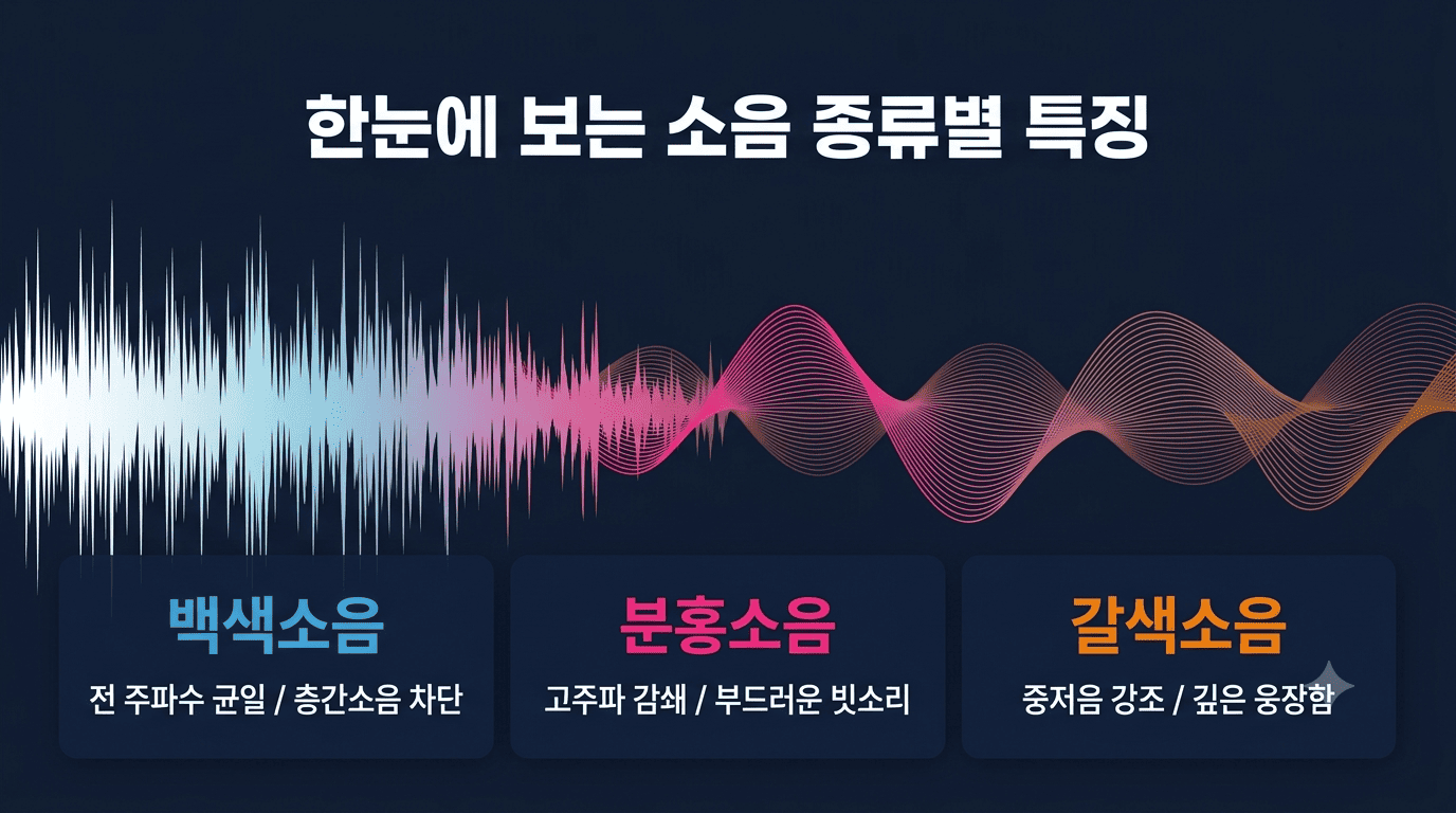 백색소음, 분홍소음, 갈색소음의 주파수 특징과 수면 환경별 차이점을 비교한 시각화 자료