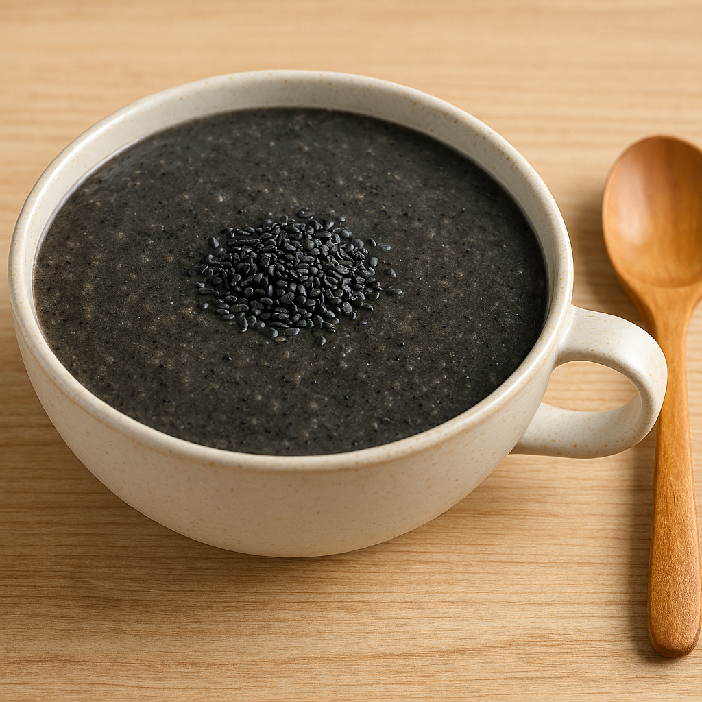 A bowl of creamy black sesame porridge topped with black sesame seeds, served with a wooden spoon
