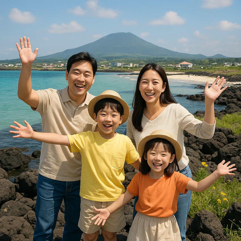 엄마 아빠 아들 딸 4명 가족이 제주도 여행온 사진 입니다.