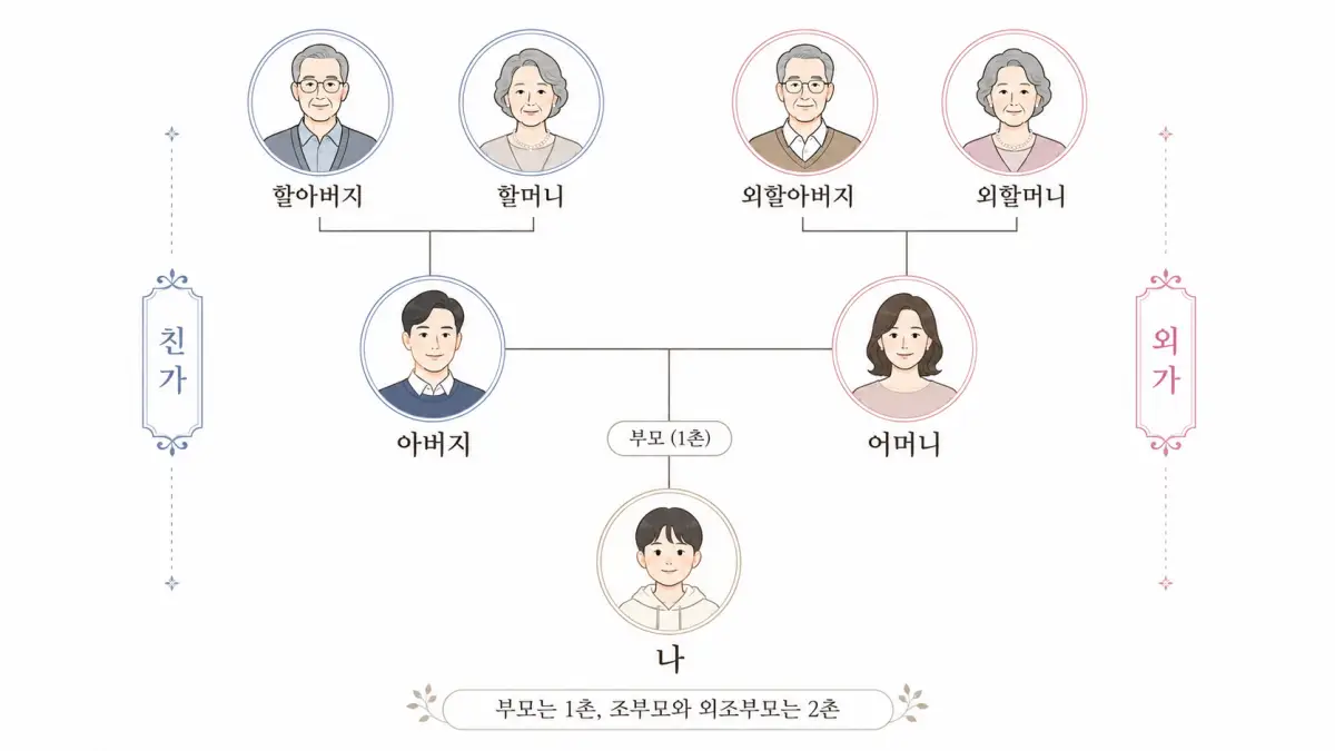 사촌이 4촌인 이유를 공통 조상과 이동 횟수로 설명한 촌수 계산 이미지