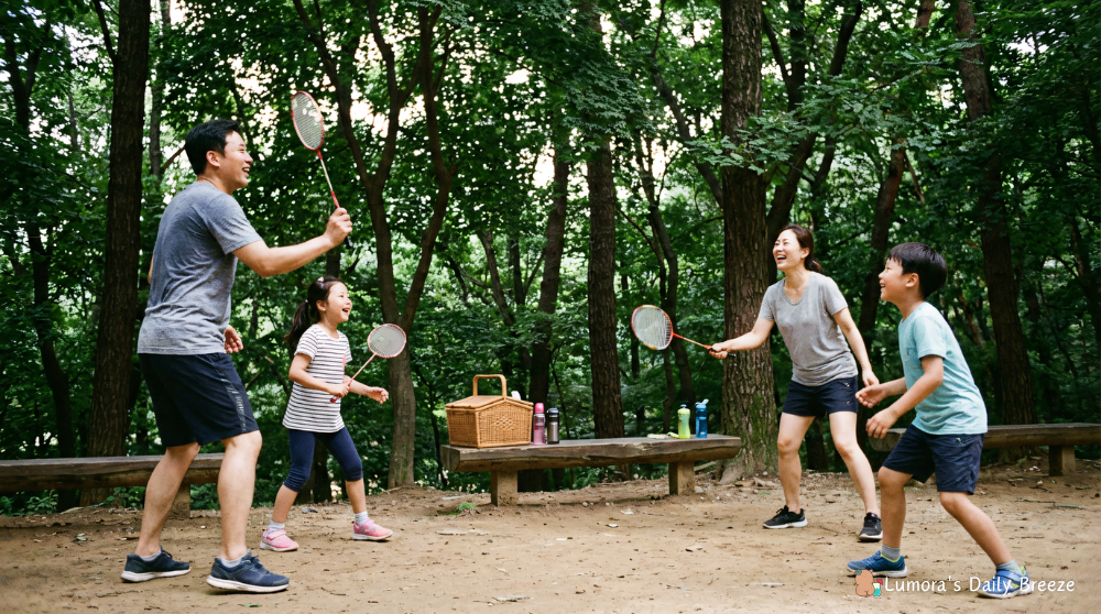 소아청소년 정상 성장을 유지하는 체중관리 방법 : 가족이 공원에서 배드민턴을 치며 즐겁고 건강하게 운동하는 이미지.