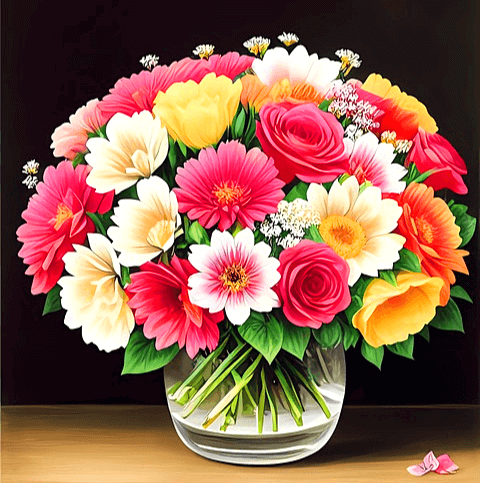 투명한 유리병에 활짝 핀 꽃들이 가득하다. 빨간꽃, 노란꽃, 하얀꽃, 분홍꽃들이다.