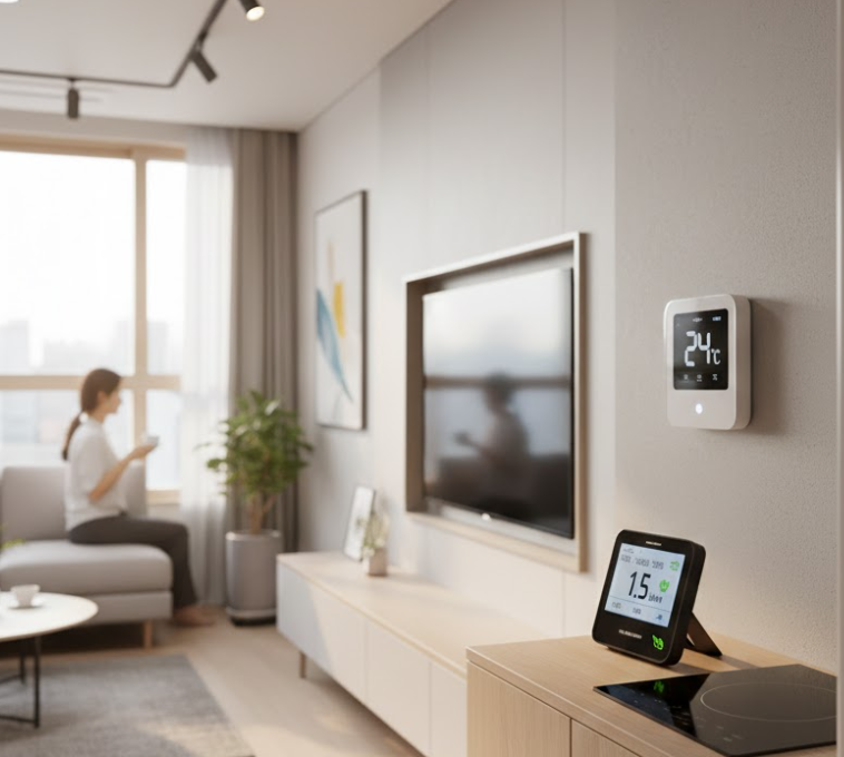 에너지 효율 등급 라벨이 부착된 친환경 가전제품과 스마트 전력계량기 화면